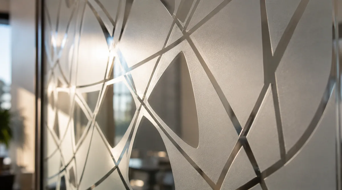Sandblasted decorative glass panel with light passing through
